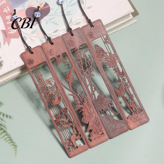 Traditional Chinese Design Bookmark Rosewood Bookmark, Plum Orchid Bamboo Chrysanthemum Carved Classic Fine Oily Wood Style Page Marker for
