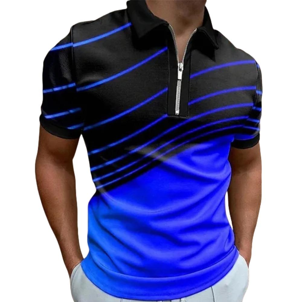 Men's T-shirt Summer Zipper Polo Shirt Stripe Pattern T-shirt Short Sleeve Collar Top Casual
