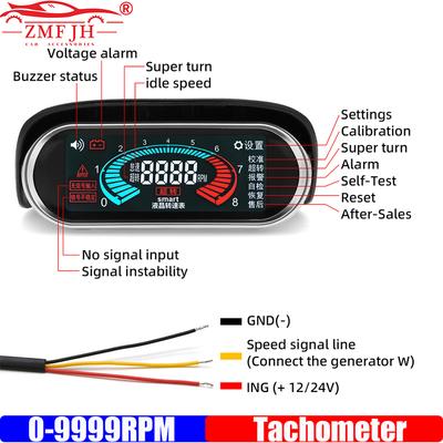ZMFJH 0-9999RPM Tachometer with Alarm Digital Tachometer LCD Gauge Meter For 1-10 Cylinder Universal Auto Car Truck 12V24V DC
