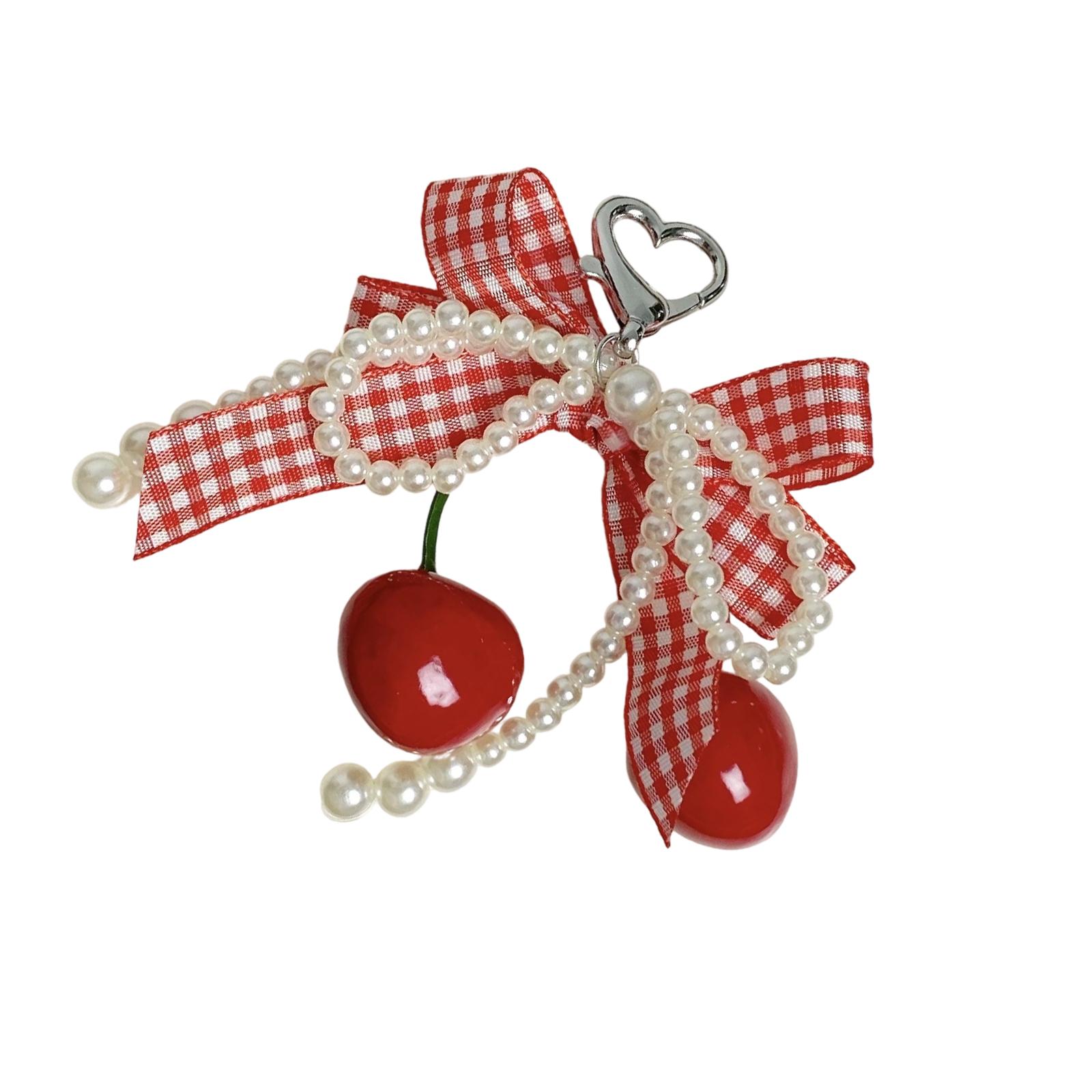 

Cherry Plaid Bowknot Keychain With Pearl Lace Accents Durable Metal And Fabric For Bag Charms Gift