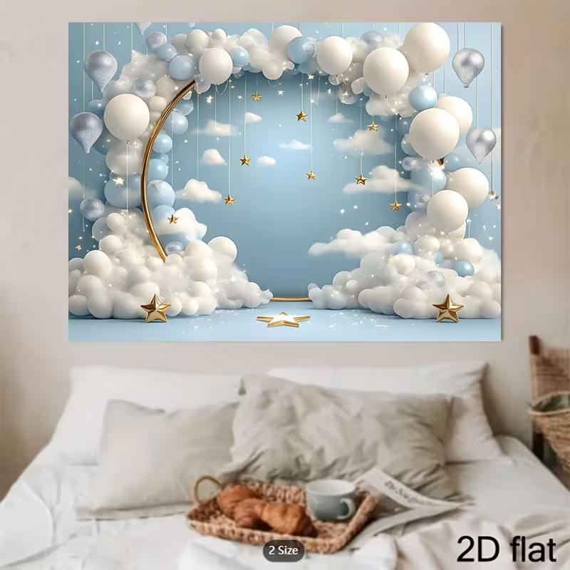 2D Sterrenhemel Blauwe Achtergrond, Witte Ballon Babyborrel Achtergrond