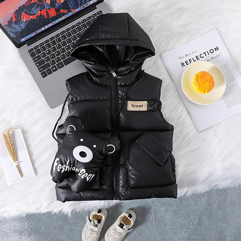 Backpack-ear Children's Down Cotton Vest, Autumn and Winter Thick Outerwear Hooded Vest for Boys and Girls