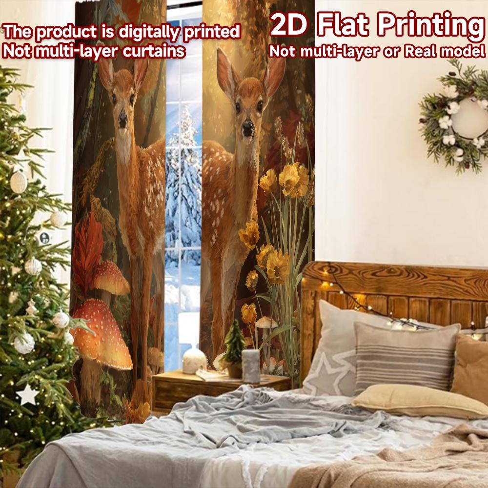 2 Stück, 2D-FLACHDRUCK Vorhänge (Ohne Stange) Forest Fawns Weihnachtsferienvorhänge mit Digitaldruck Polyestervorhänge
