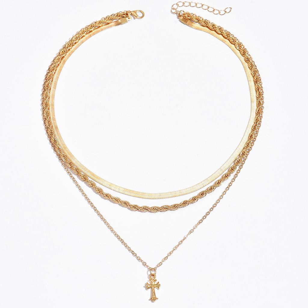 

Cross Pendant Necklace Metal Jewelry For Women With Geometric Design And Multilayer Style