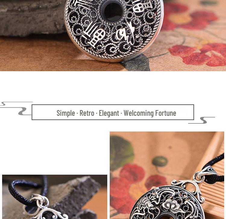 Sterling Silver S999 Unisex Auspicious Cloud & Bat Necklace - Retro Good Luck Peace Buckle Pendant.