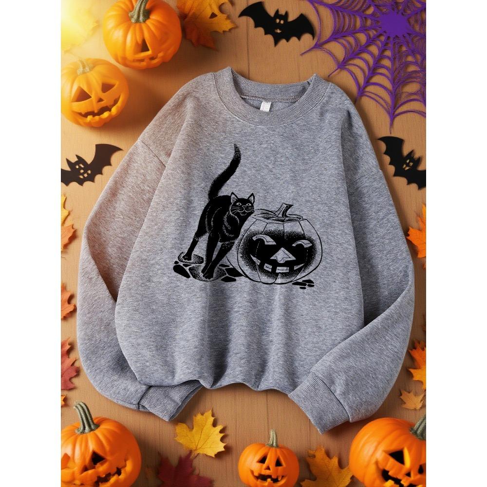 Black Cat and Pumpkin Lantern Prints Sweatshirt Woman Casual Fleece Sweatshirts Round Neck Autumn Top Hip Hop Sportswears