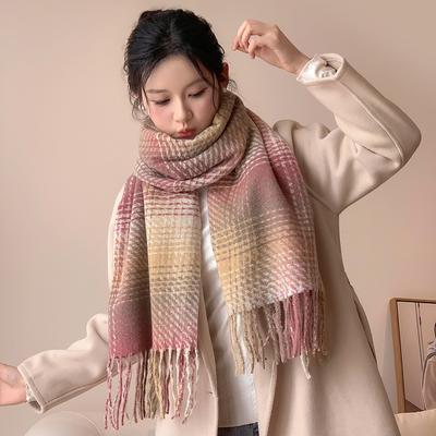 2024 Langer Stil Winter Unisex Hals Neu Warm Imitation Kaschmir Schal mit Mehrfarbigem Gittermuster und Quaste