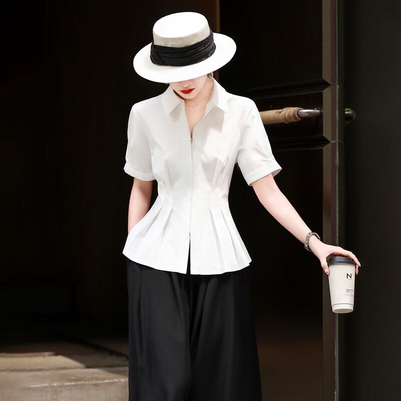 Lansere Women's Commuter Pleated A-Line Short Sleeve Lapel Shirt
