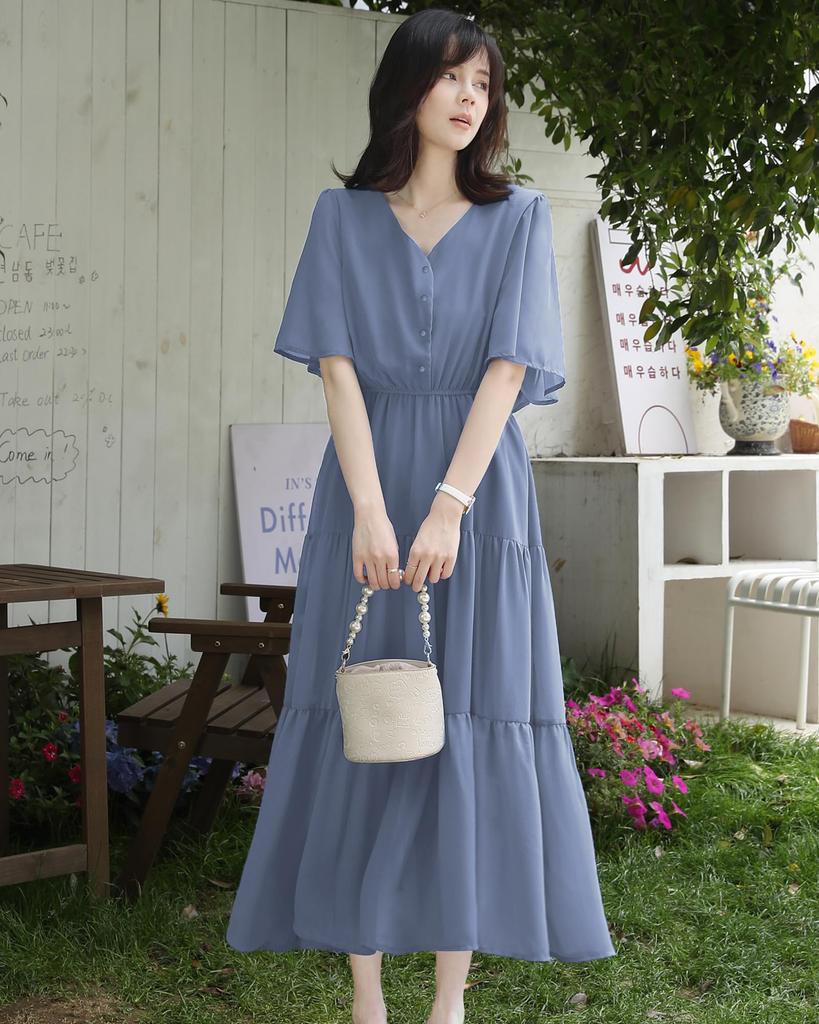 Long Short Flared High Summer [Yino] Women's Dress, Sleeves, Sleeves, V-Neck, Waist, Figure-Flattering, Stylish, Cute, Travel, Casual,