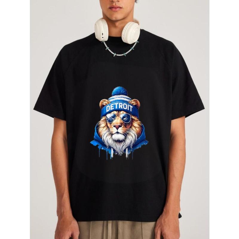Crewneck T Shirt White Lion Wearing Detroit Hat and Sunglasses Streetwear Urban Fashion Casual Wear