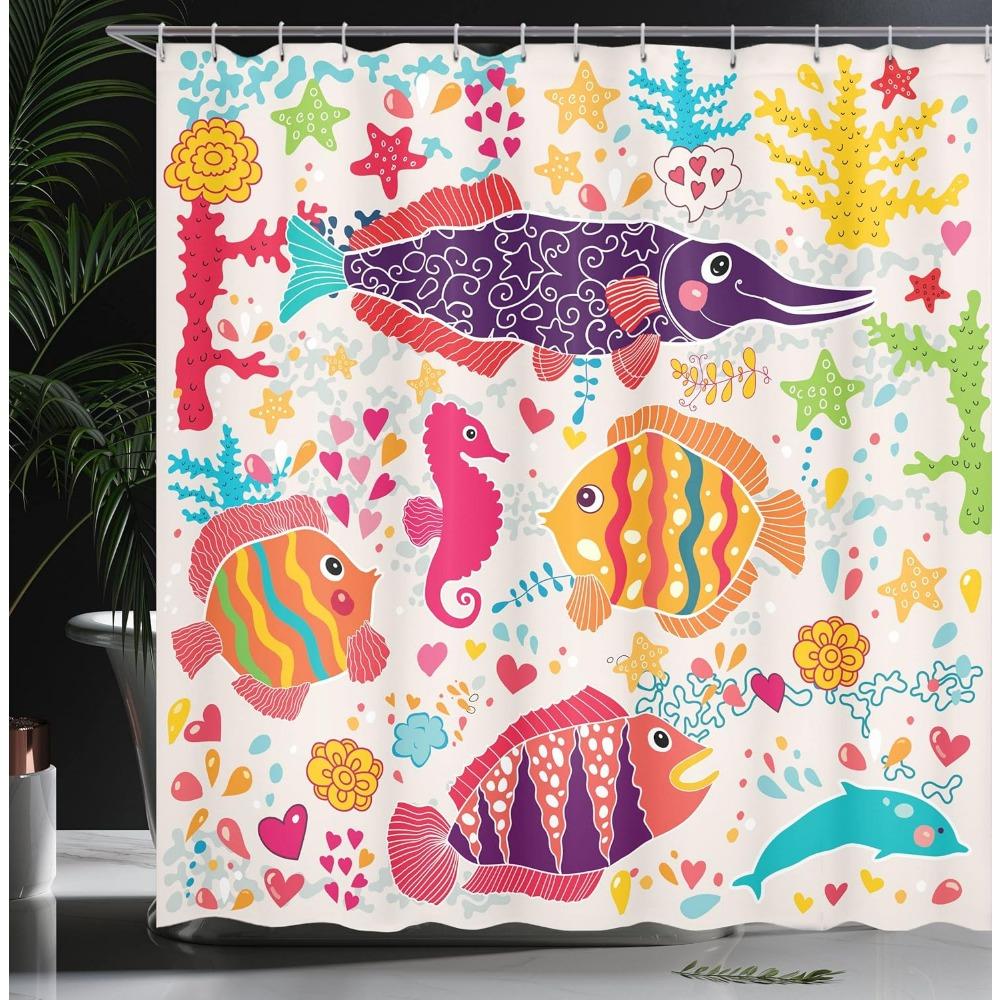 Ocean Life Shower Curtain: Vibrant Fish, Seahorses, Starfish, Dolphins, And Corals For A Nautical Bathroom Decor