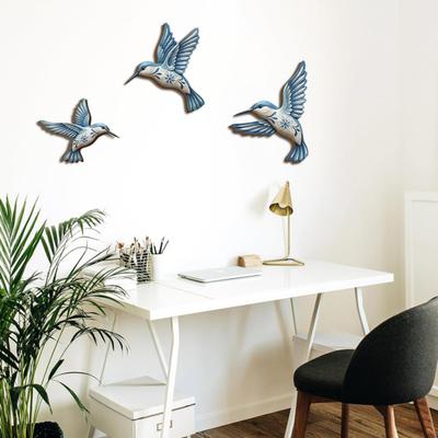 Wood Hummingbird Wall Art Vintage Flying Blue Bird Sculpture Rustic Wall Hanging Decoration for Home Bedroom Living Room Decor