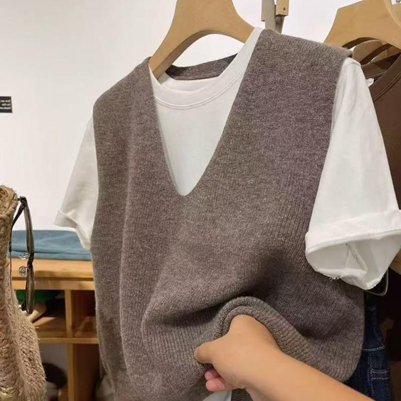Korean Style 100% Wool V-Neck Knit Vest Women Winter Sleeveless Cardigan Layering