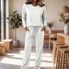 Women's Round Neck Long Sleeve Pajama Set with Drawstring Wide Leg Pants for Sleepwear Loungewear