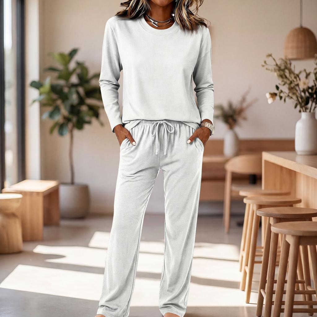 Women's Round Neck Long Sleeve Pajama Set with Drawstring Wide Leg Pants for Sleepwear Loungewear
