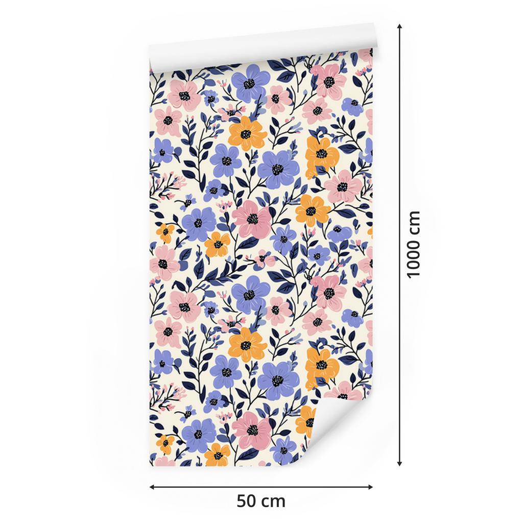 Wallpaper Flowers Blue and Light Gray for Living Room and Bedroom 50x1000