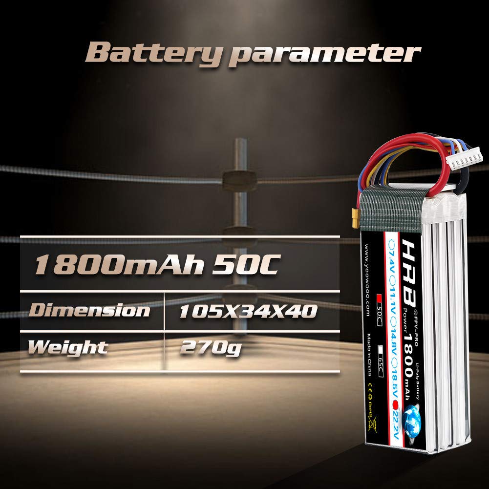 HRB 6S 1800mAh 22.2V 50C XT60 Lipo Battery for RC Airplanes, RC Cars, RC Trucks, Racing Drones, and Multi-Rotors
