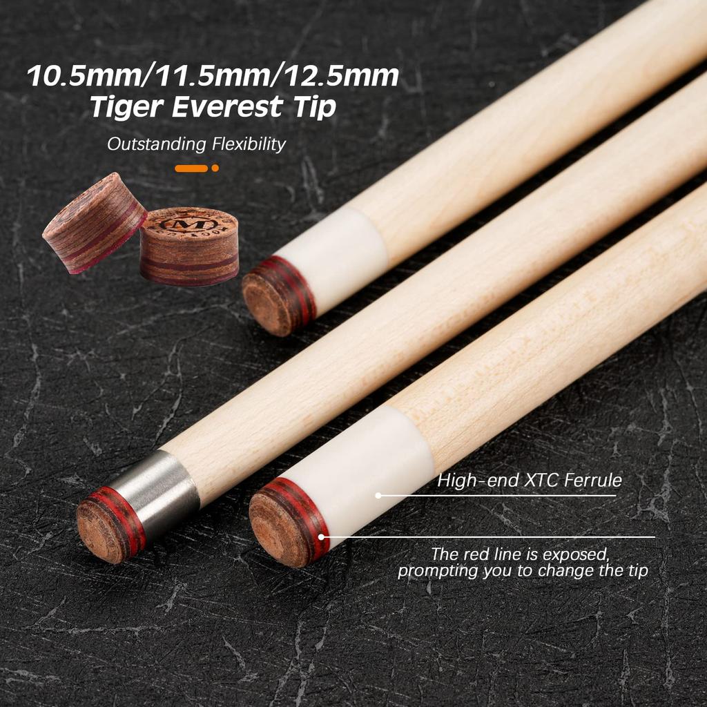 KONLLEN Pool-Queue, 147 cm, Billardqueue, Queueköpfe 10,5 mm, 11,5 mm, 12,5 mm, XTC-Ferrule, Verlängerung, Queuetasche