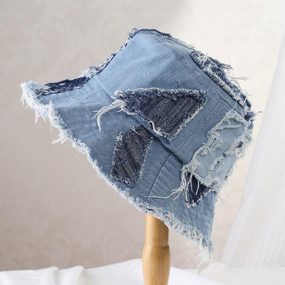 Beggar Style Retro Fisherman Hat Patched Sun Protection Basin Cap Fashion Denim Bucket Hat  Women