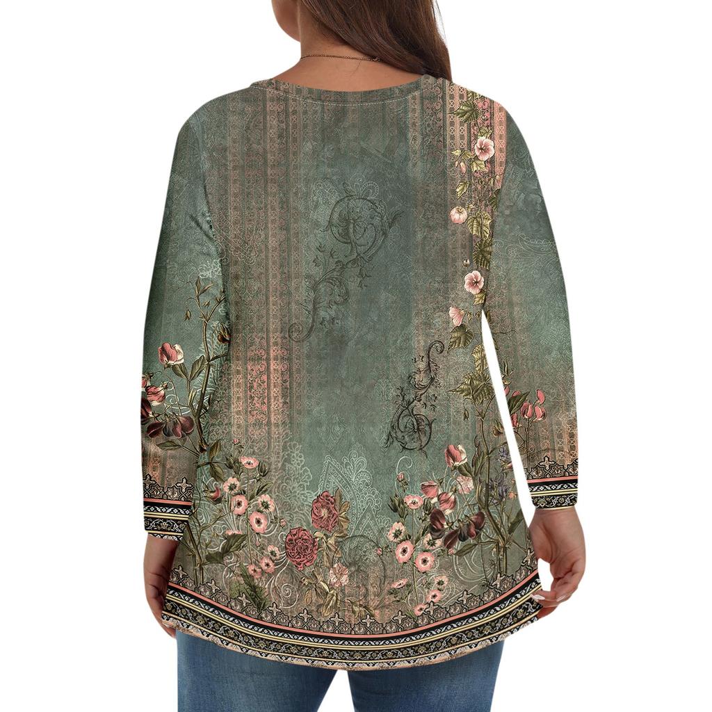 Dámské topy plus size s dlouhým rukávem, košile s výstřihem do V, ležérní oblečení, oblečení, potištěné topy