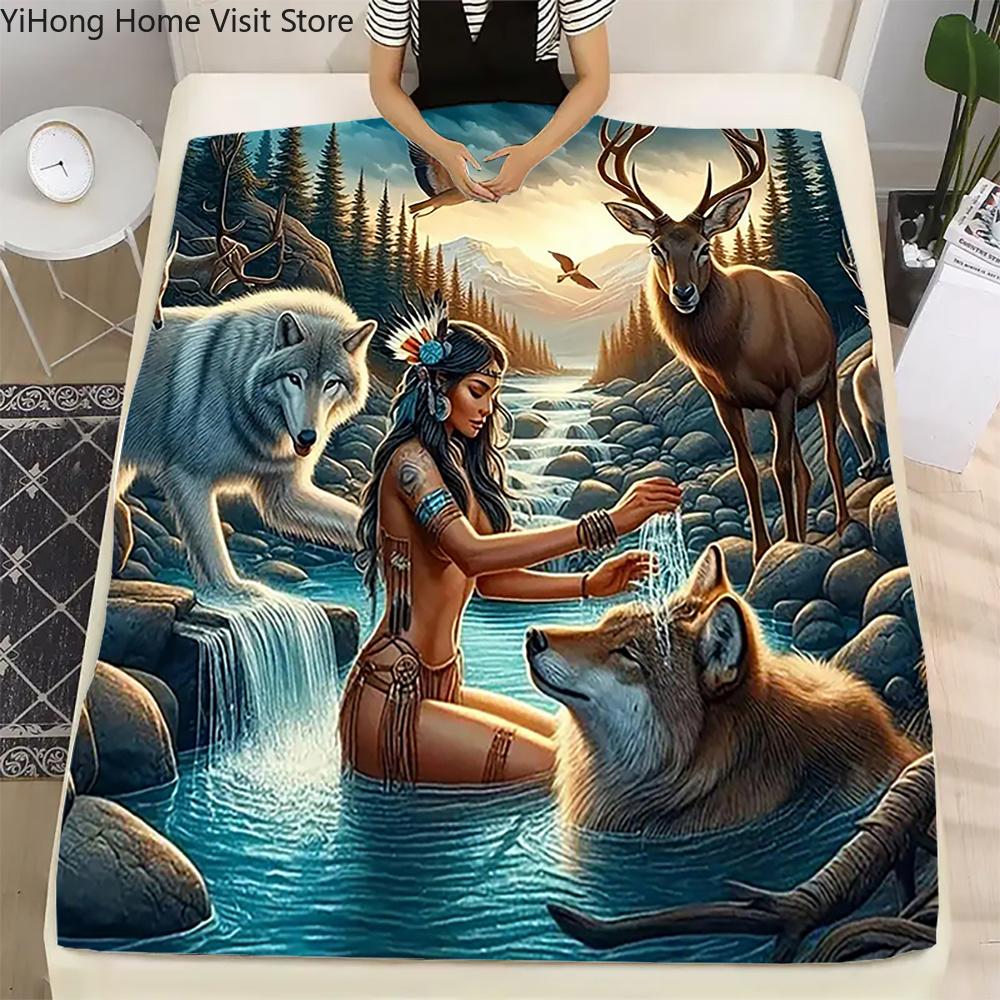 Wolf Woman Deer Animal Picture Flannel Throw Blanket for Cozy Living Room Custom Printed Home Textiles Fashion Warm Blankets