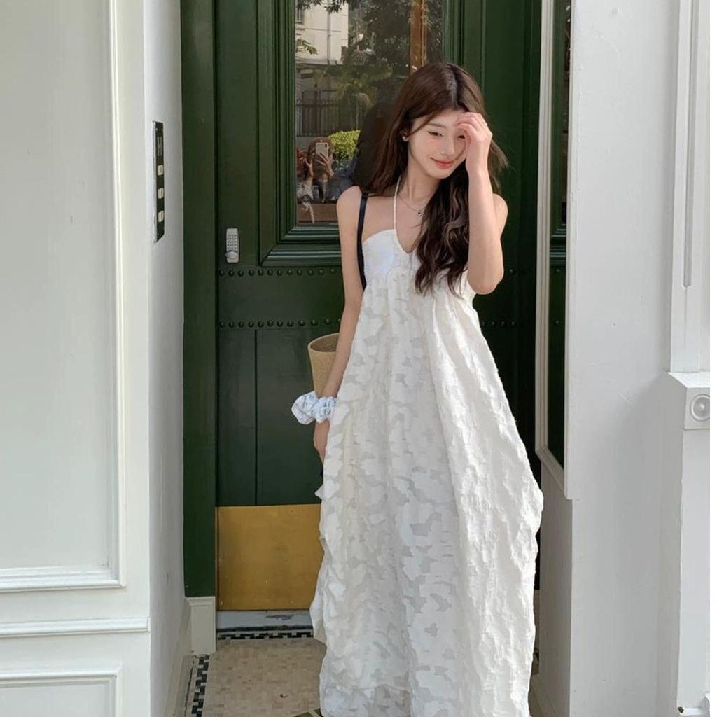 French Pure Desire Style Seaside Vacation Neck Suspender Dress Women's Summer Sexy Backless Temperament Ruffle Edge Dress