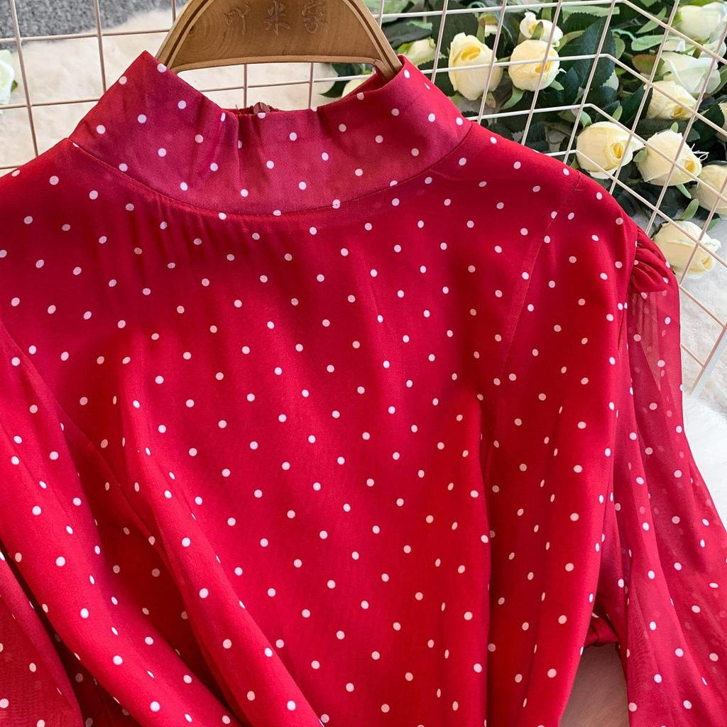 Elegant Polka Dot Ruffle Dress - Women's Spring/Summer Tie-Waist Long Sleeve Skirt
