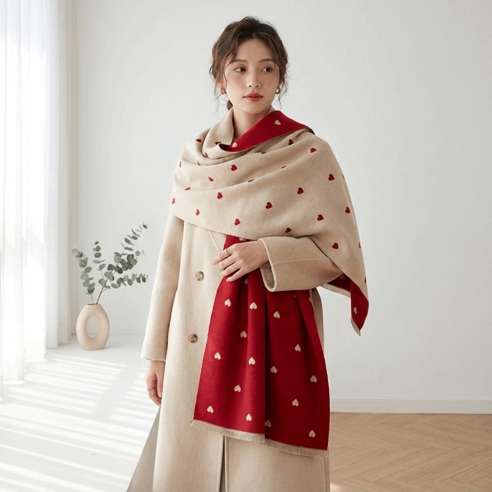 Vintage Style Warm Shawl Elegant Wrap Scarf Romantic Double Sided Heart Pattern Scarf Outfit