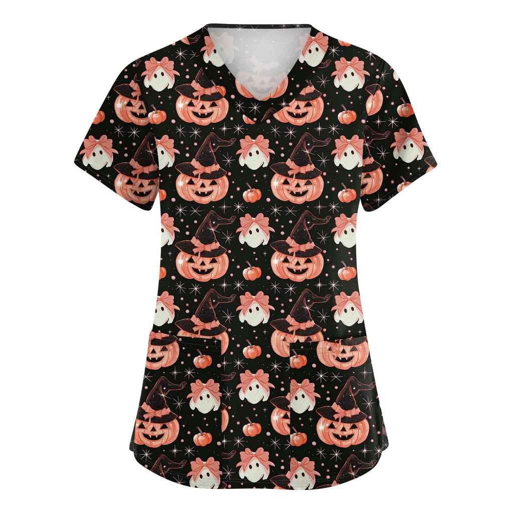 Dámské roztomilé potištěné pracovní oblečení Výstřih do V Dvouvrstvé kapsy Základní top s krátkým rukávem Pulovr