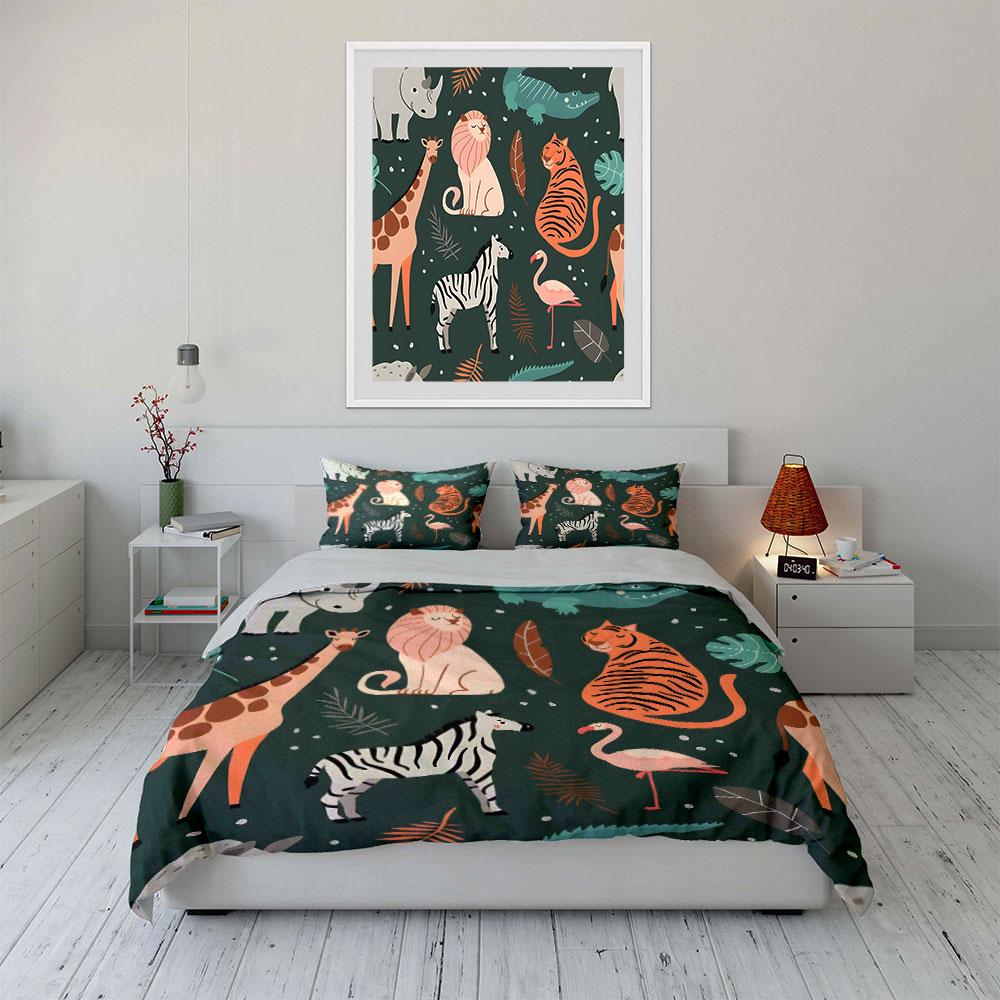 Wild Animals Jungle Pattern Bedding Duvet Cover Set (1*Duvet Cover 2*Pillowcases, without duvet insert)