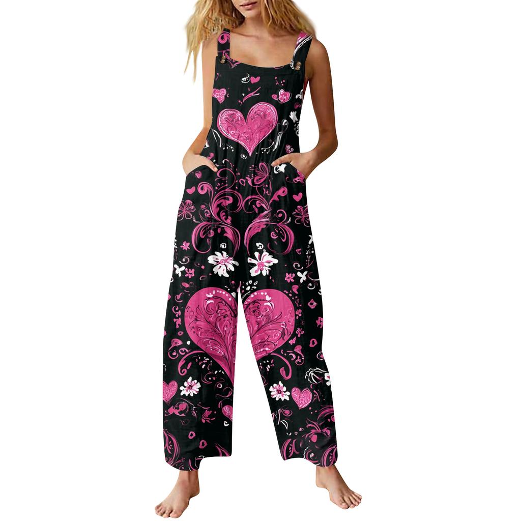 Women's heart,shaped printed casual loose retro overalls cotton and linen one,piece pants