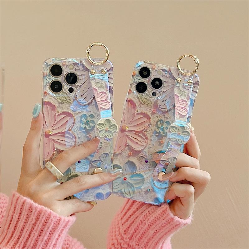 Oil Painting Flower Wrist Strap Diamond Phone Case For Iphone 16 15 Pro Max