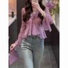 Women's Chiffon Ruffled Blouse Long Bell Sleeve V-neck Tie Front Elegant Sheer Casual Top