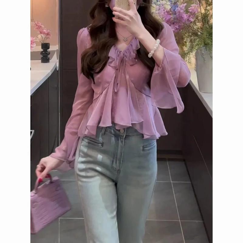 Women's Chiffon Ruffled Blouse Long Bell Sleeve V-neck Tie Front Elegant Sheer Casual Top