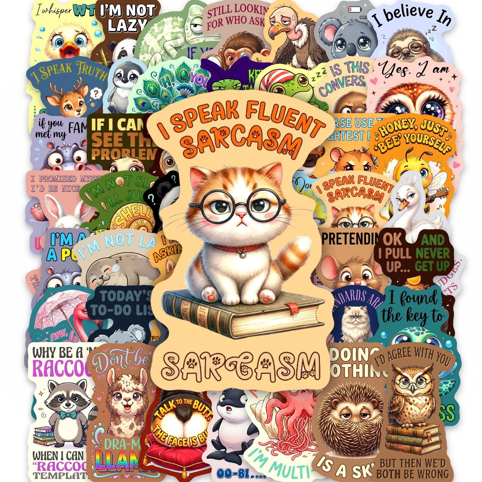 50 Fun English Cartoon Animal Stickers Self-Deprecating Swing Homophonic Terrier Humorous And Funny Creative Color Edge Stickers