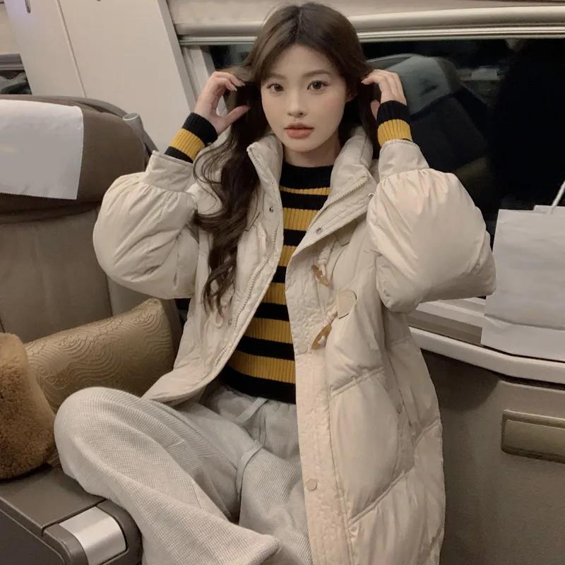 WTEMPO Mid-length Solid Color Loose Thickened Warm Down Coats Women's Large Size Zipper Cotton-padded Coats Pockets Outdoor Warm Coats