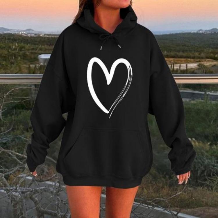 Oversized Fleece Lined Sweatshirt Women Long Sleeve Hoodies Fall Pullover Top with Pocket Heart Print Drawstring