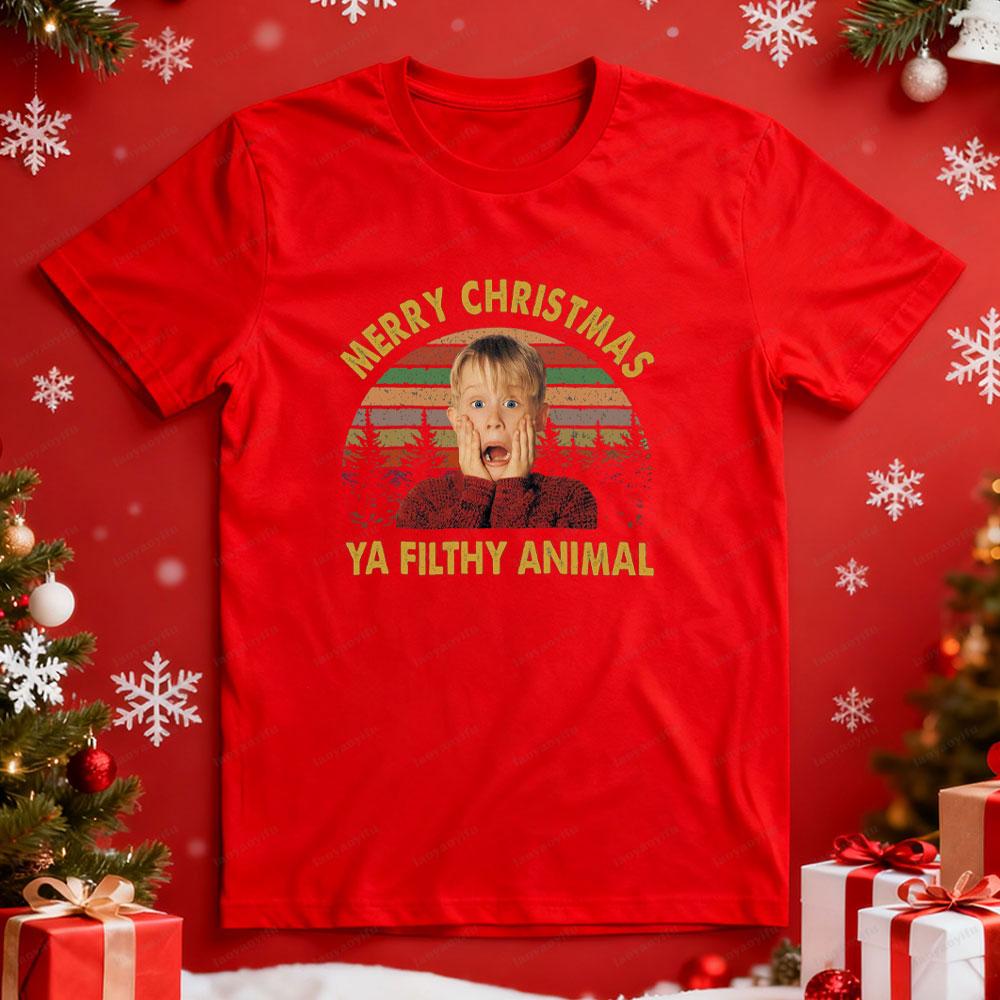 Merry Christmas Ya Filthy Animal Men Graphic T Shirts Funny Home Alone Tee Retro 90s Christmas Movie Top Kevin McCallister Gift S