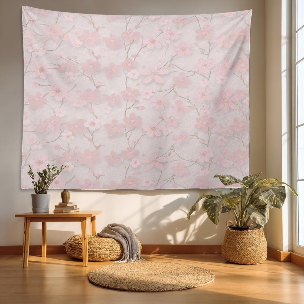 Retro Japanese Cherry Blossom Tapestry, Deep Indigo Flowers Wall Art Hanging Decoration Polyester Fiber White Ruffled Around For