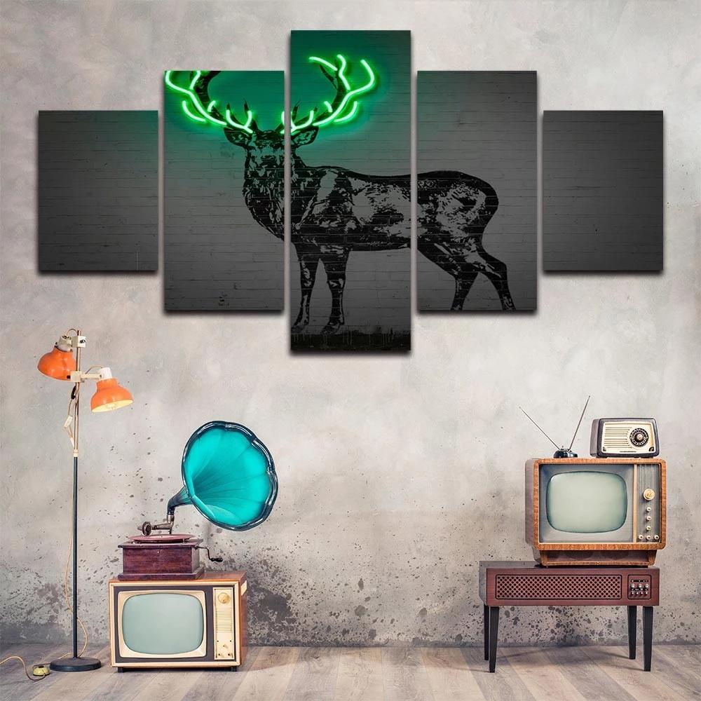 Luminous Antlers Canvas Prints 5 Pcs Animal Deer Poster Picture Modern Wall Art Paintings Living Room Home Decor Modular Frame