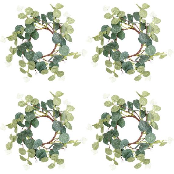 

4 штуки Кольца-венки для столбовых свечей, Венки из искусственных листьев эвкалипта, Подсвечники с зеленью, Деревенский декоративный венок для Пасхи