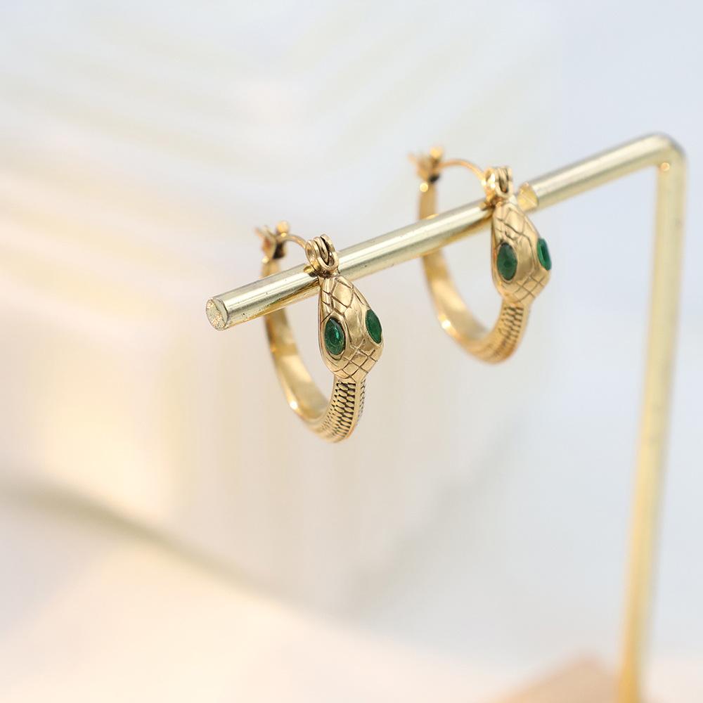 French Retro Titanium Steel Serpentine Green Eye Zircon Earrings High-End Light Luxury Niche 18K Titanium Steel Earrings