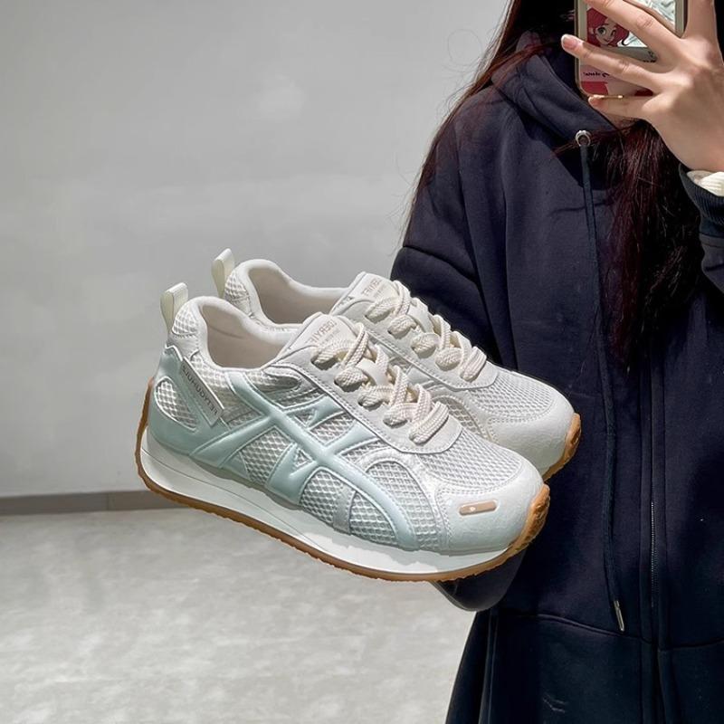 Retro Versatile Sports Jogging Shoes Women's Spring New Leather Mesh Breathable Lightweight Casual Dad Shoes