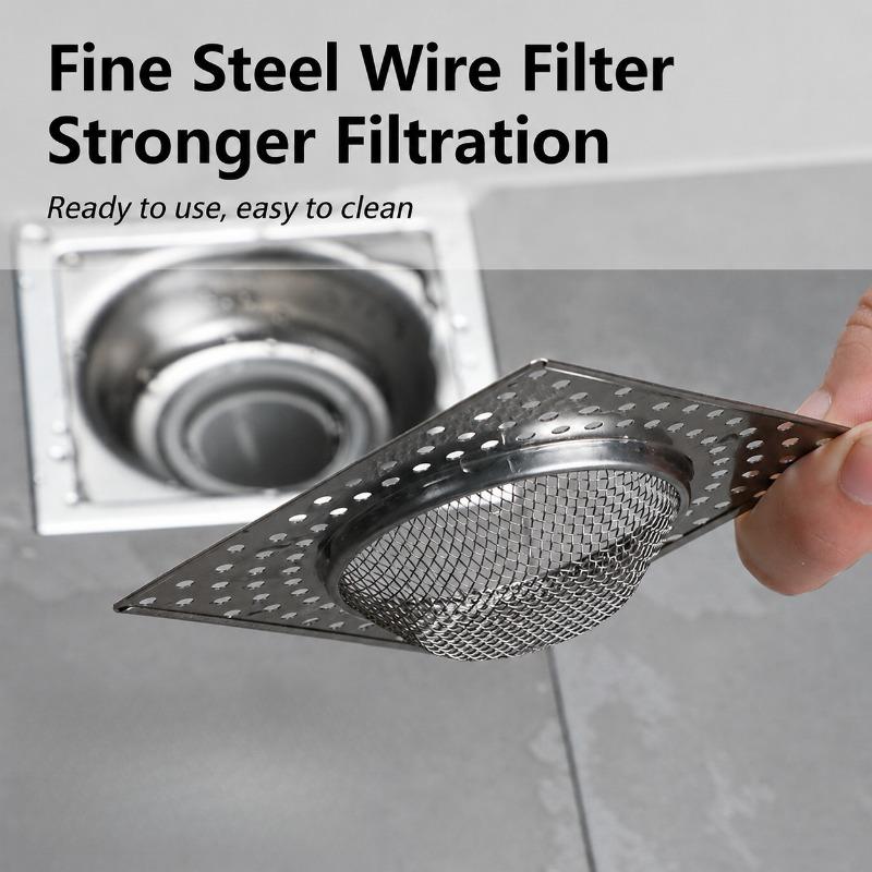 Square Stainless Steel Drain Strainer, Bathroom and Toilet Drain Anti-Clog Cover, Kitchen and Toilet Hair Filter Drain Mesh