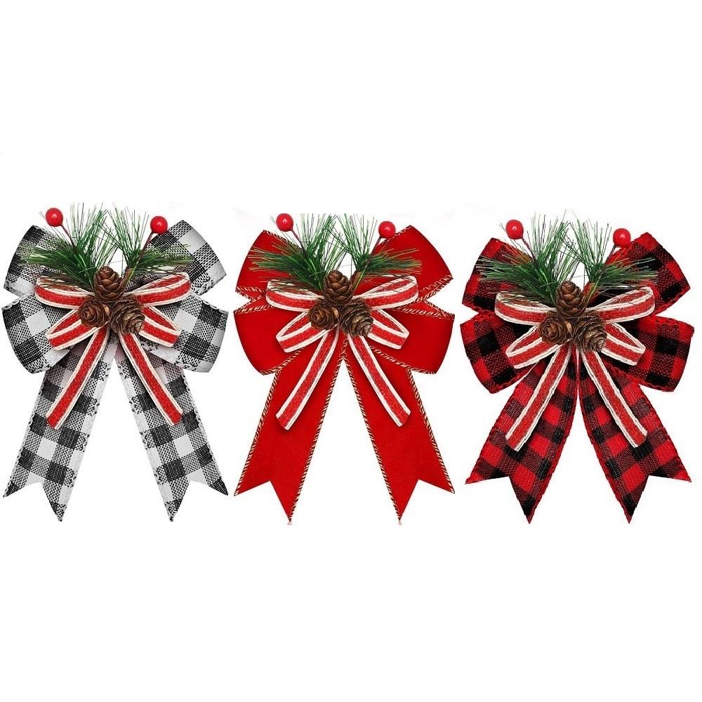 

3 шт. Рождественский мешковинный клетчатый бант с шишками и хвоей Рождественская клетчатая лента-бант для Рождества в помещении и на улице Фермерский стиль 15x13cm