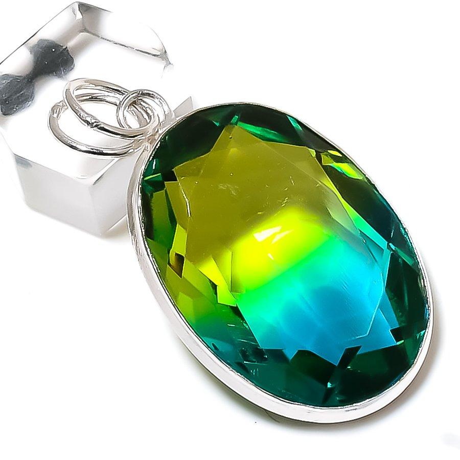 Natural Bi-Color Tourmaline Gemstone 925 Sterling Silver Pendant 1.97" L5B39