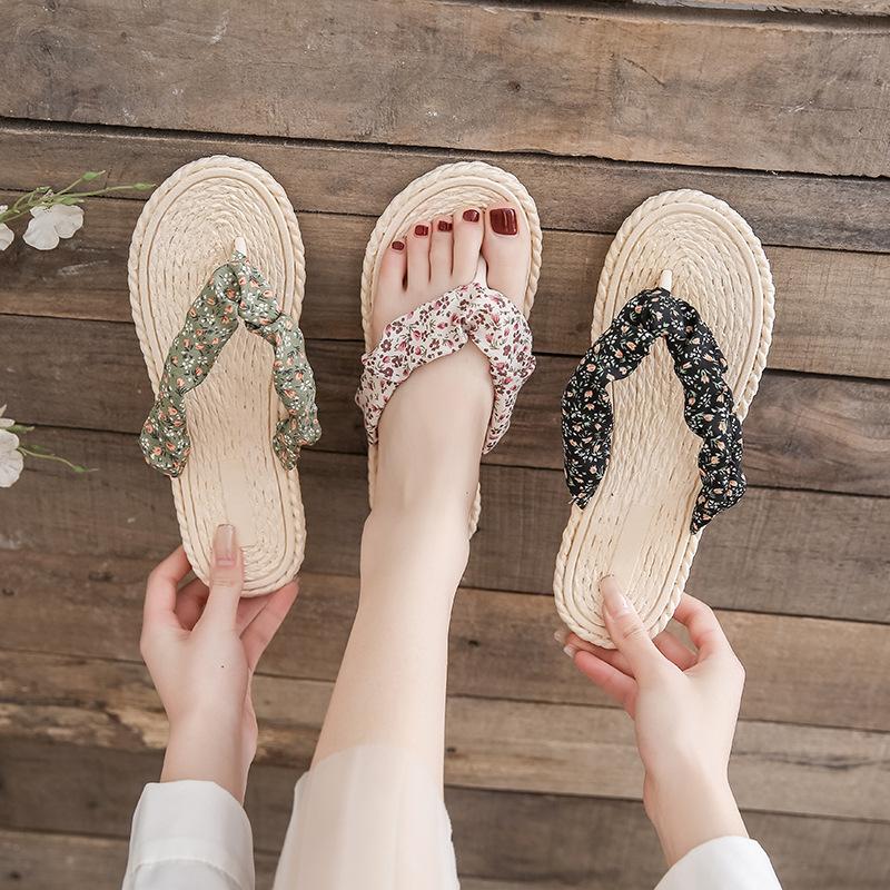 Chanclas planas de verano antideslizantes con estampado floral y sujeción para los dedos, sandalias de playa antideslizantes