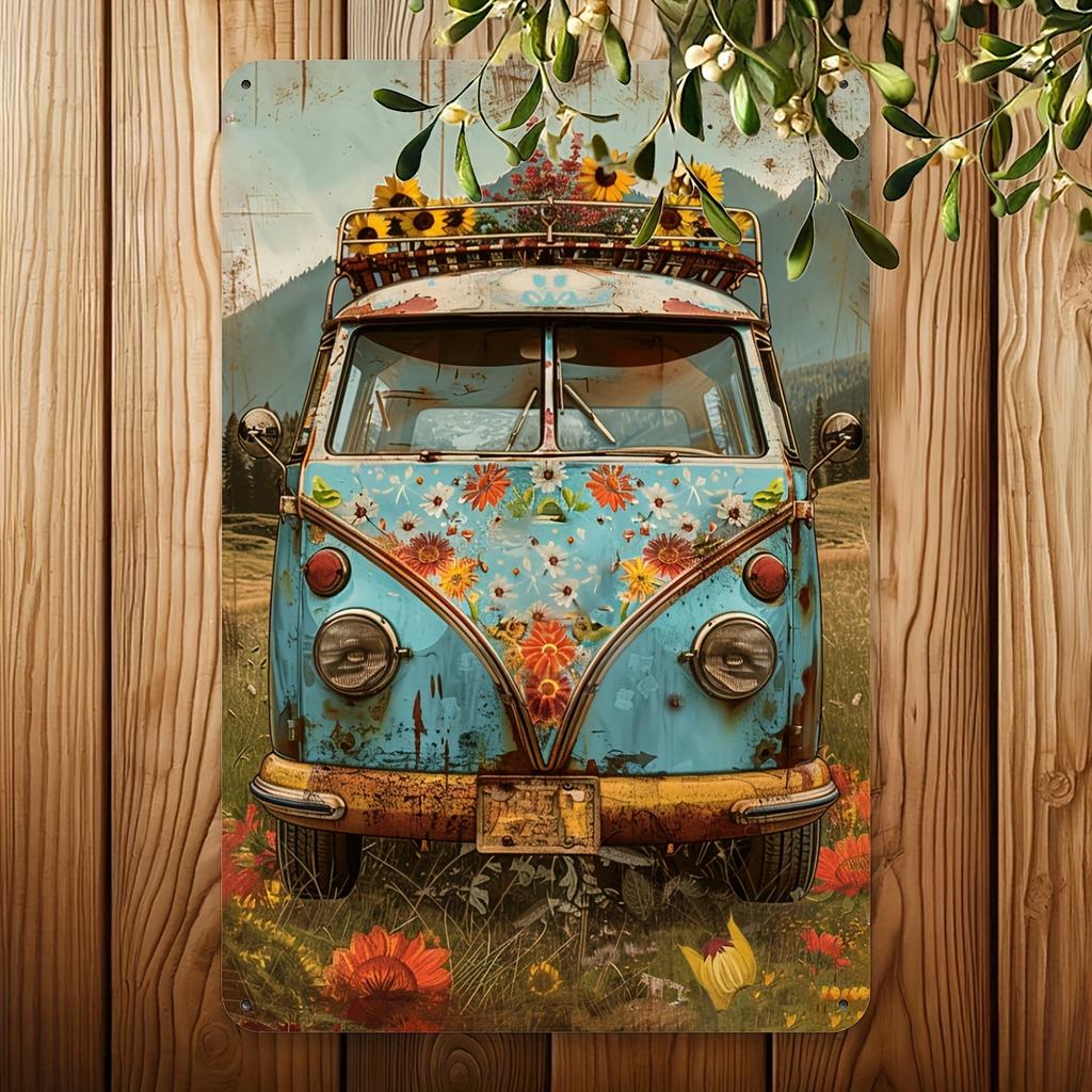 Vintage Floral Bus Metal Tin Sign, Iron Wall Decor for Gym, Cafe, Garage, Restaurant, Home, Bedroom - Indoor & Outdoor Retro Flo