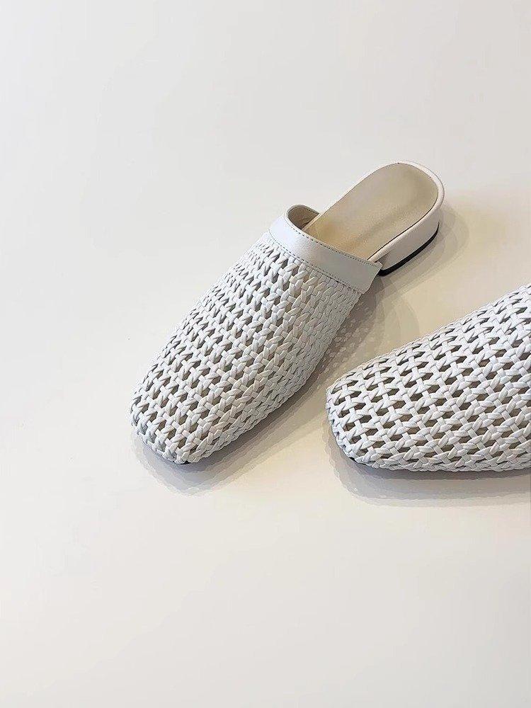 Soft Leather Version~ Simple Hand-woven Hollowed-out One-pedal Bag Head Shoes, Women's Low Heels, Comfortable and Cool Slippers