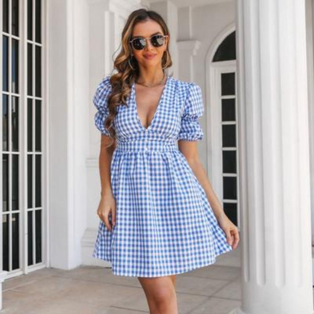 Women's Fashion Summer Spring Plaid Print Short Sleeve V-Neck High Waist Casual Dresses